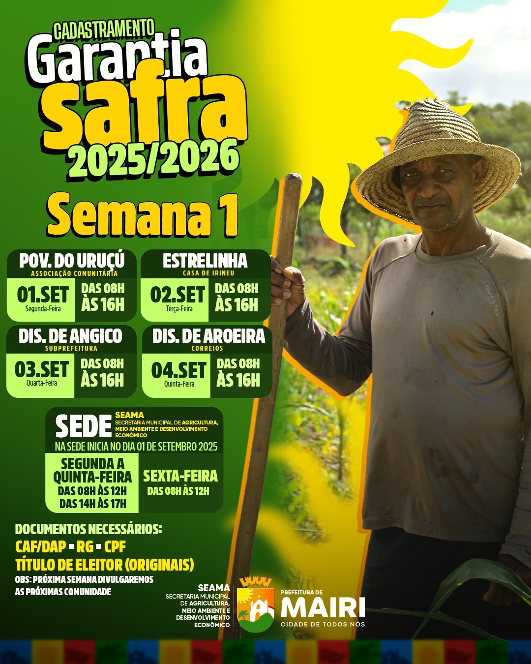 Cadastramento do Garantia Safra 2025/2026 começa em Mairi nesta segunda-feira